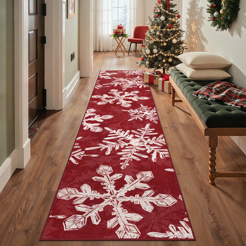 Elaria Christmas Washable Snowflake Red Belgian Velvet Rug