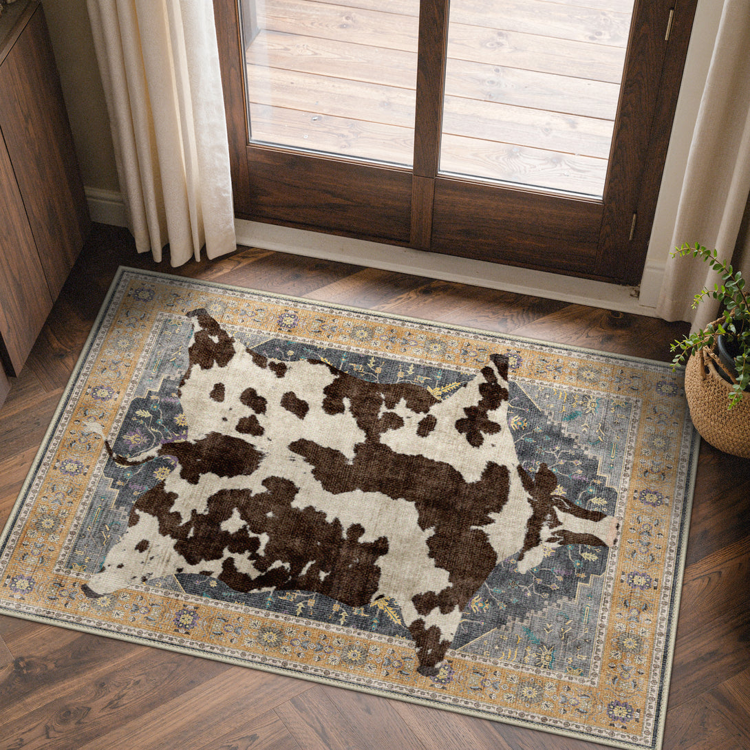 Terra Farmhouse Tufted Cow Rug in Brown & Blue | GENIMO