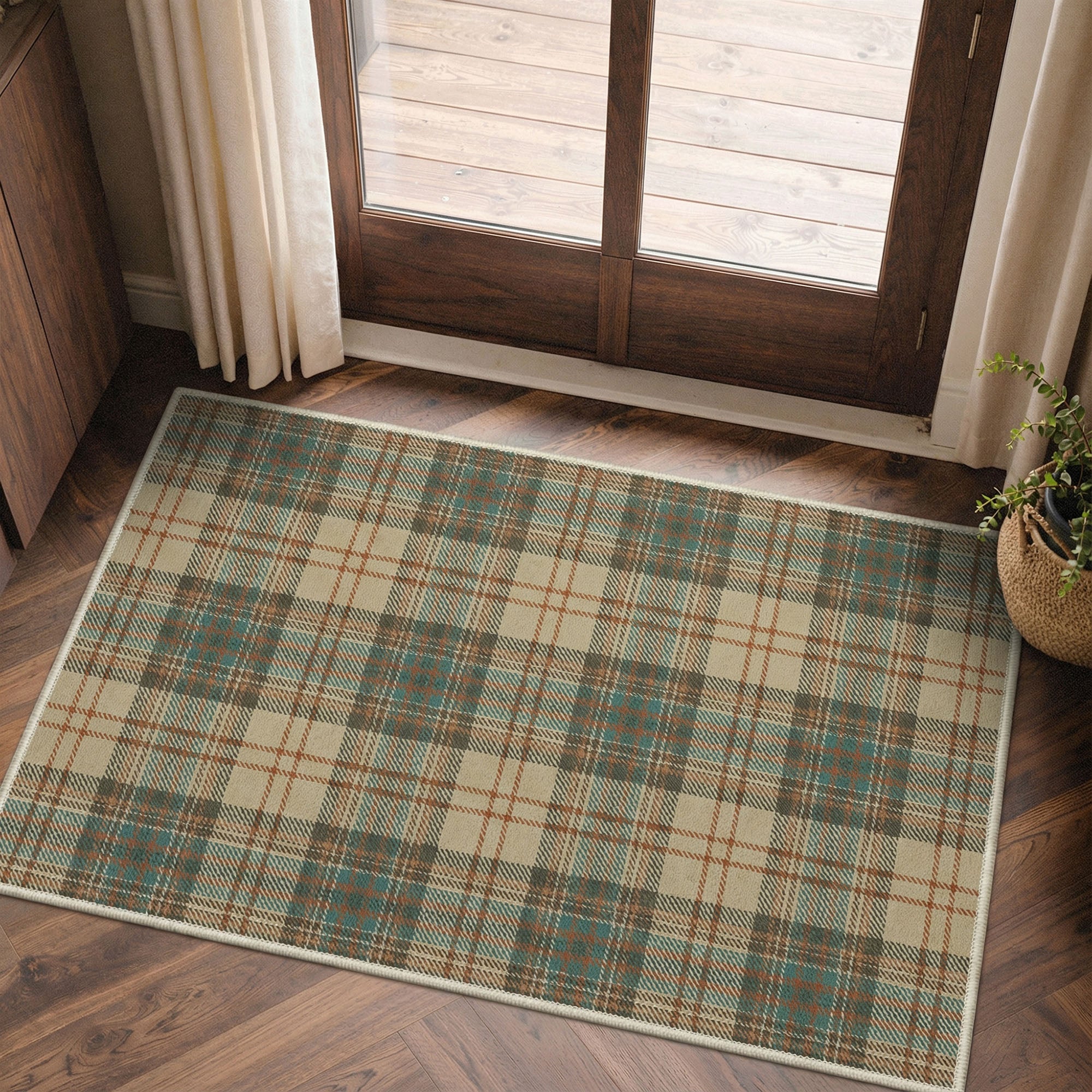 Valence Classic Checkered Plaid Washable Rug in Brown | GENIMO