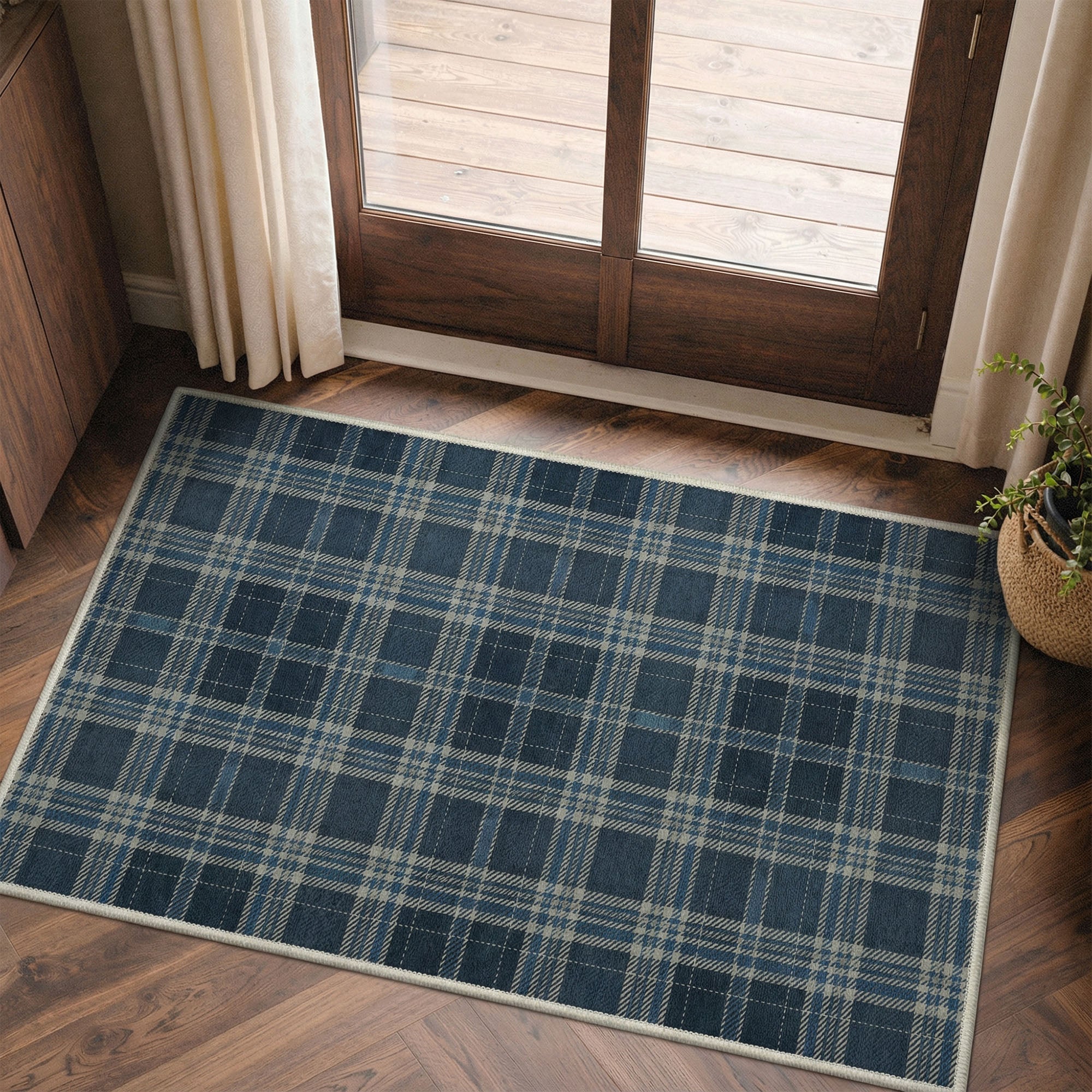 Valence Classic Checkered Plaid Washable Rug in Blue | GENIMO