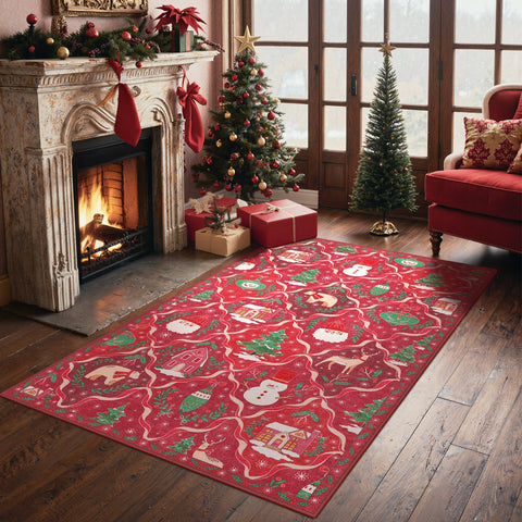 Oriana Christmas Washable Red Belgian Velvet Rug
