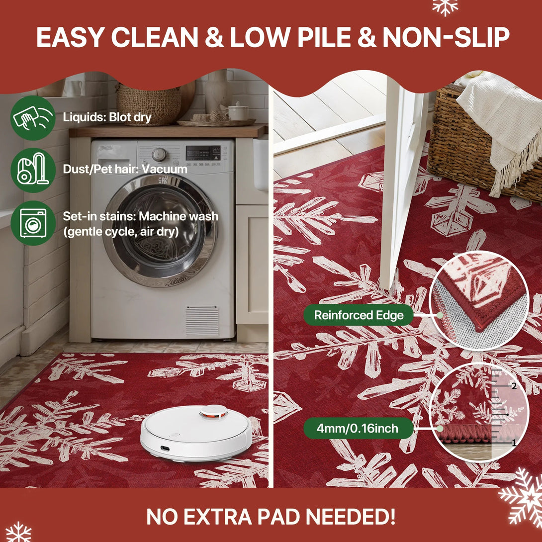 Elaria Christmas Washable Snowflake Red Belgian Velvet Rug - DT1306 - XH - 5X7