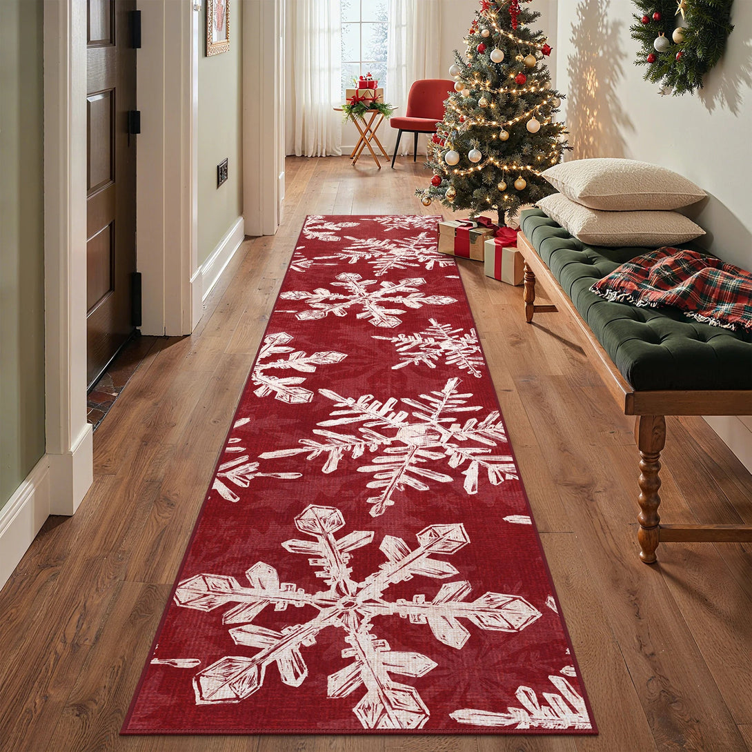 Elaria Christmas Washable Snowflake Red Belgian Velvet Rug - DT1306 - XH - 2X10