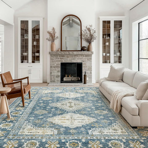 GENIMO Fantasy Geometric Floral Print Non-Slip Washable Area Rug Faded Blue