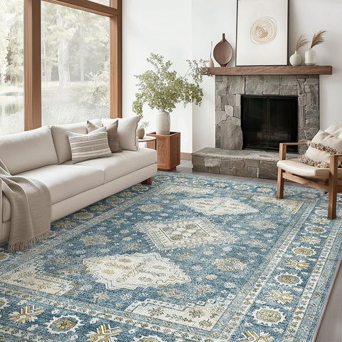 GENIMO Fantasy Geometric Floral Print Non-Slip Washable Area Rug Faded Blue