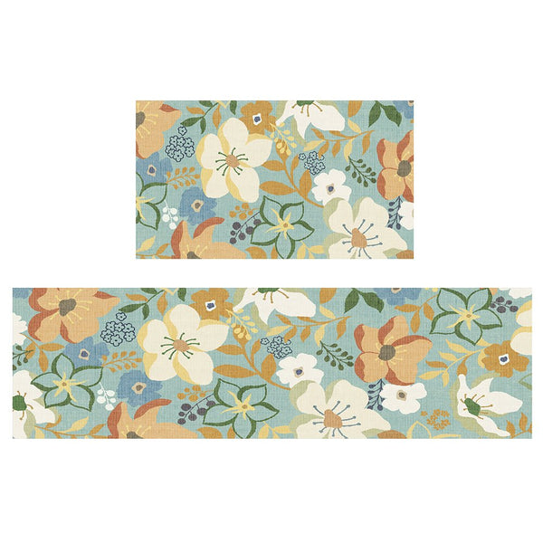 GENIMO 2Pcs Anti Fatigue Padded Kitchen Floor Mat Floral Washable Runner Rug for Sink - KR2024 - Green - 17x47+17x30