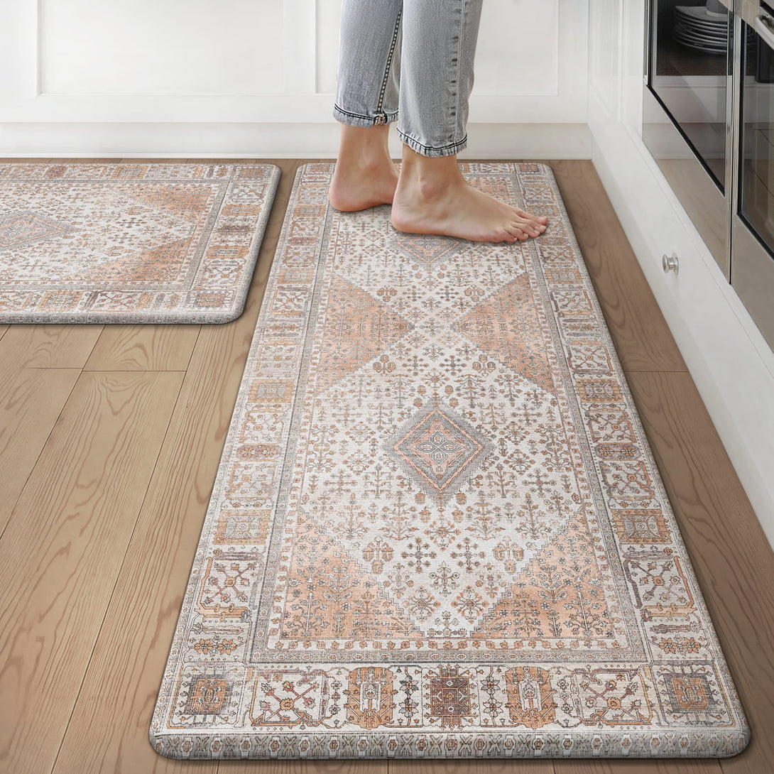 GENIMO 2Pcs Anti Fatigue Padded Kitchen Mats for Floor Oriental Washable Runner Rug - KR1006 - Oleander - 17X47 - 17X30
