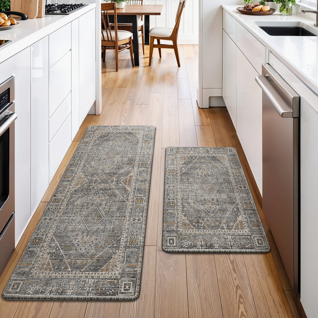 GENIMO 2Pcs Anti Fatigue Padded Kitchen Mats for Floor Oriental Washable Runner Rug - KR1006 - Lightgrey - 17X47 - 17X30