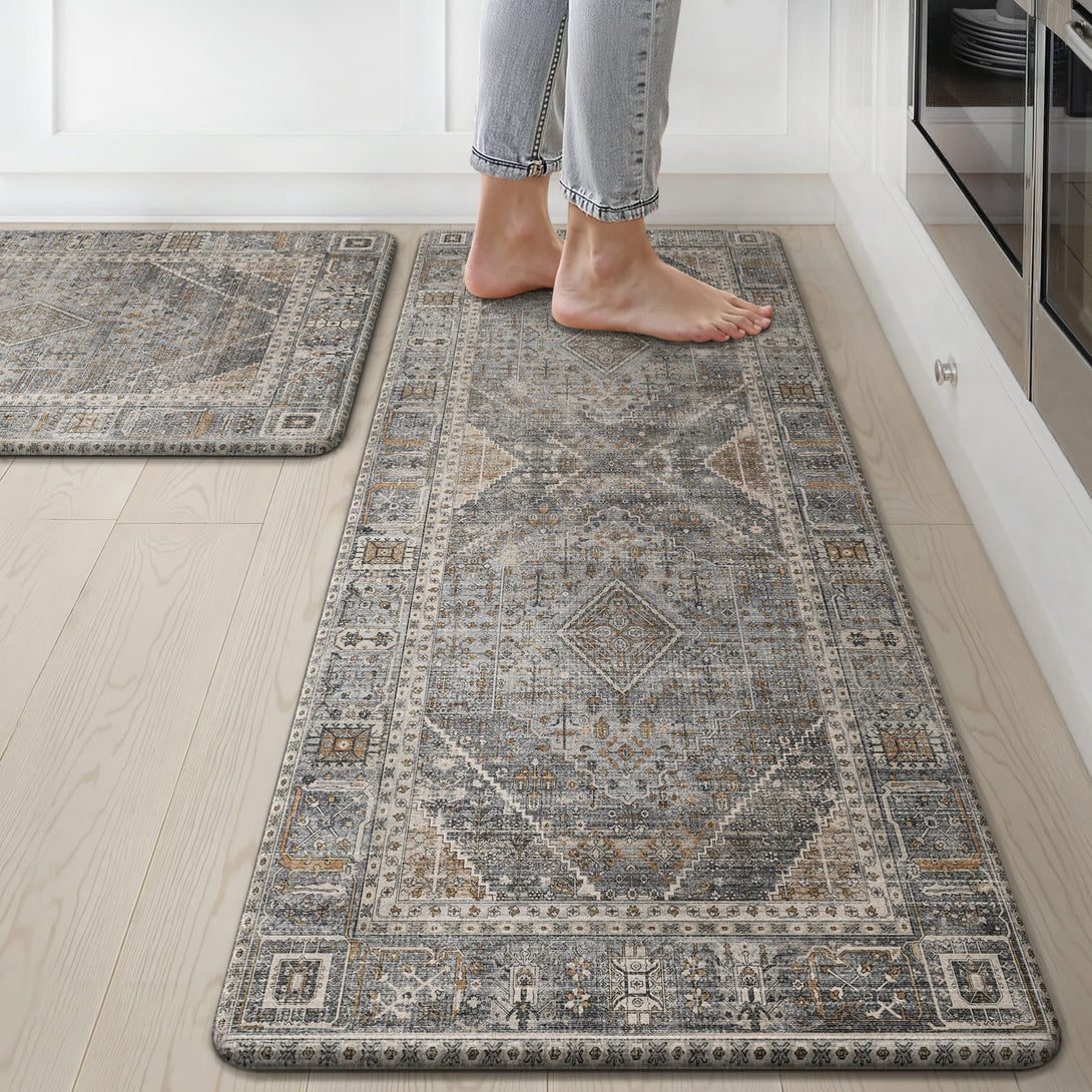 GENIMO 2Pcs Anti Fatigue Padded Kitchen Mats for Floor Oriental Washable Runner Rug - KR1006 - Lightgrey - 17X47 - 17X30