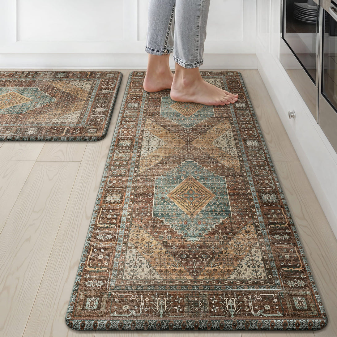 GENIMO 2Pcs Anti Fatigue Padded Kitchen Mats for Floor Oriental Washable Runner Rug - KR1006 - Brick - 17X47 - 17X30