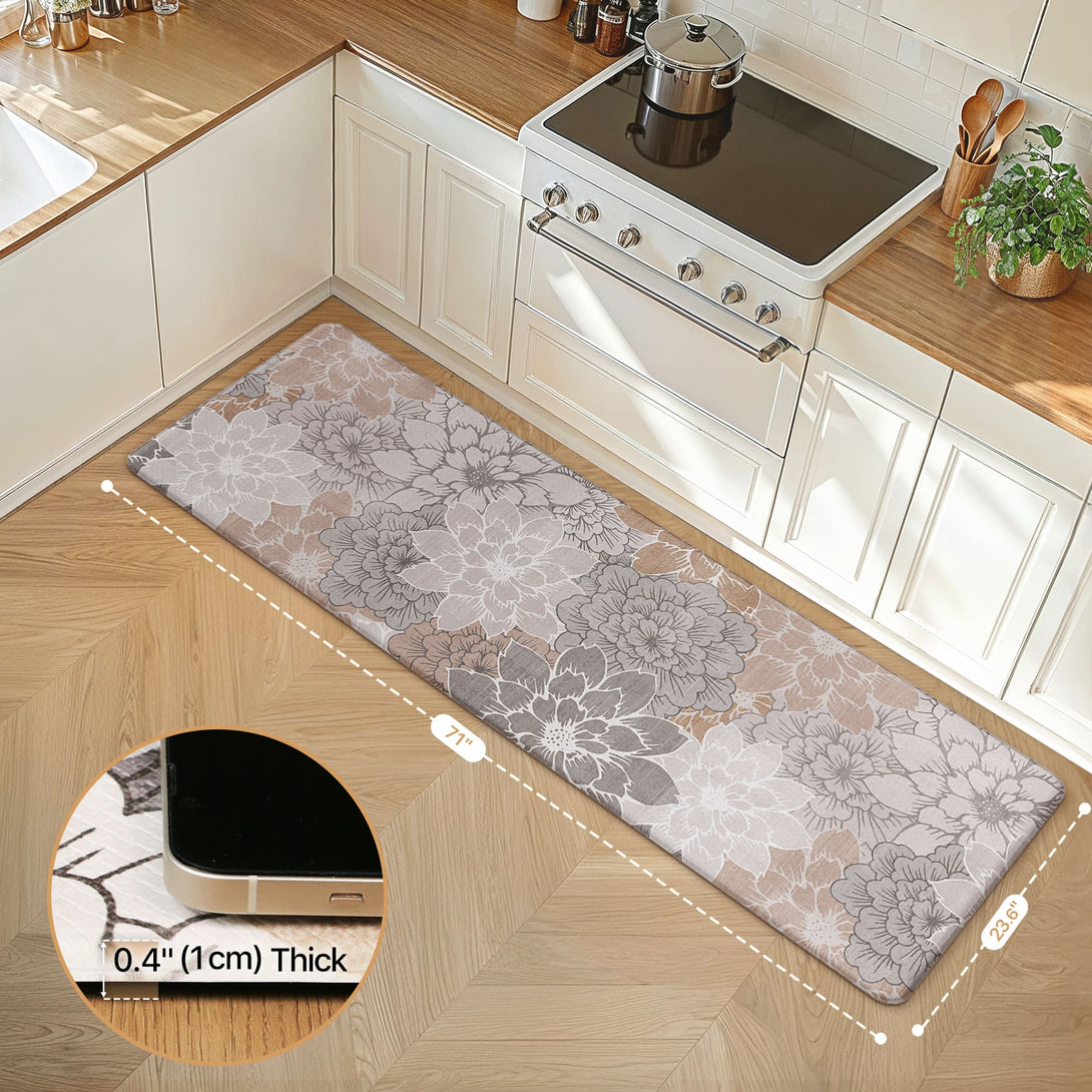 GENIMO 2Pcs Anti Fatigue Padded Kitchen Sink Mat Non Slip Washable Floral Runner Rug - KR011 - GreyBrown - 23X71