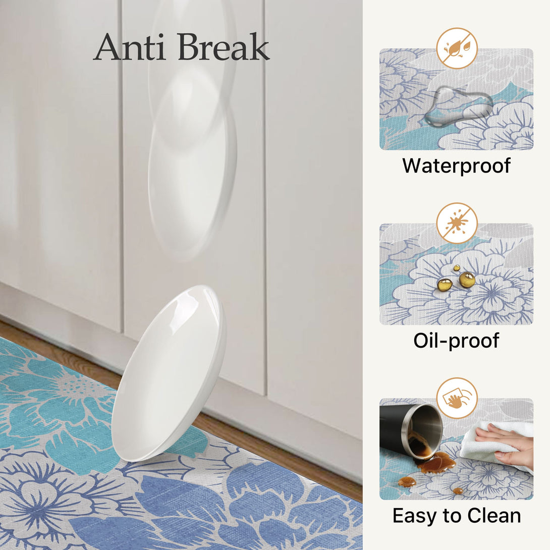 GENIMO 2Pcs Anti Fatigue Padded Kitchen Sink Mat Non Slip Washable Floral Runner Rug - KR011 - Blue - 17X47 - 17X30