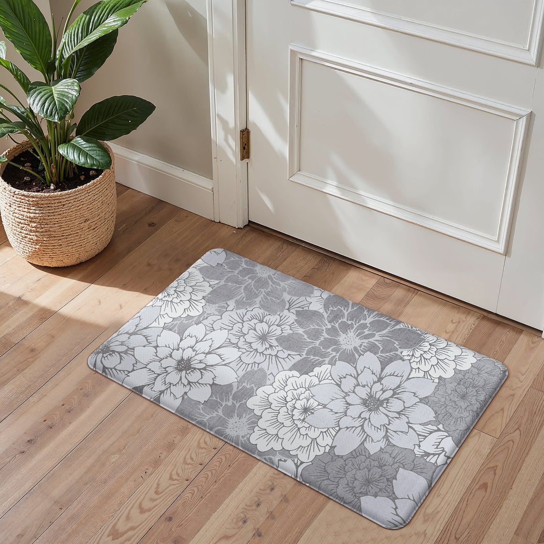 GENIMO 2Pcs Anti Fatigue Padded Kitchen Sink Mat Non Slip Washable Floral Runner Rug - KR011 - Grey - 17X47 - 17X30