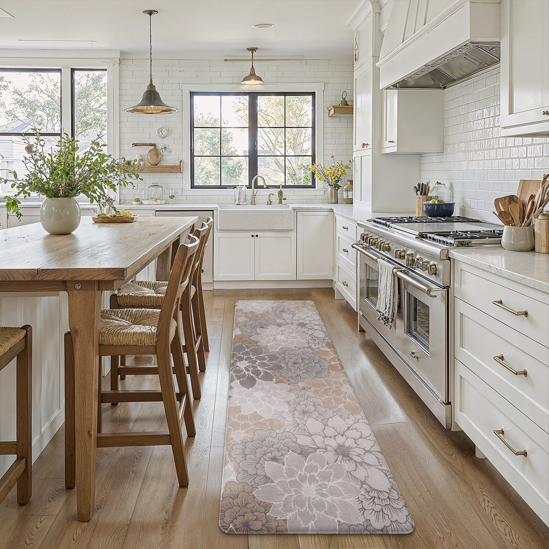 GENIMO 2Pcs Anti Fatigue Padded Kitchen Sink Mat Non Slip Washable Floral Runner Rug - KR011 - Grey - 17X47 - 17X30