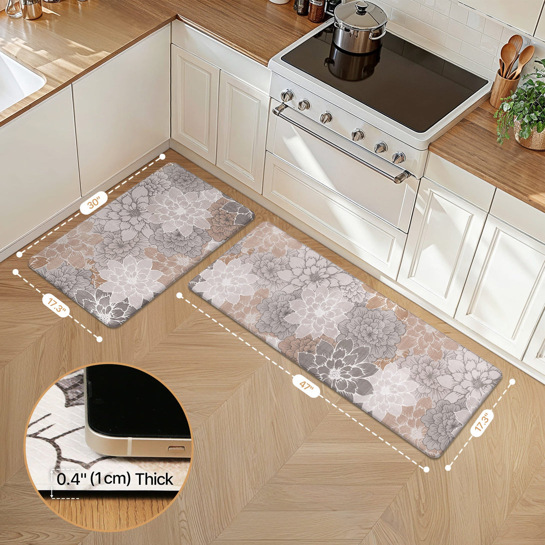 GENIMO 2Pcs Anti Fatigue Padded Kitchen Sink Mat Non Slip Washable Floral Runner Rug - KR011 - GreyBrown - 17X47 - 17X30