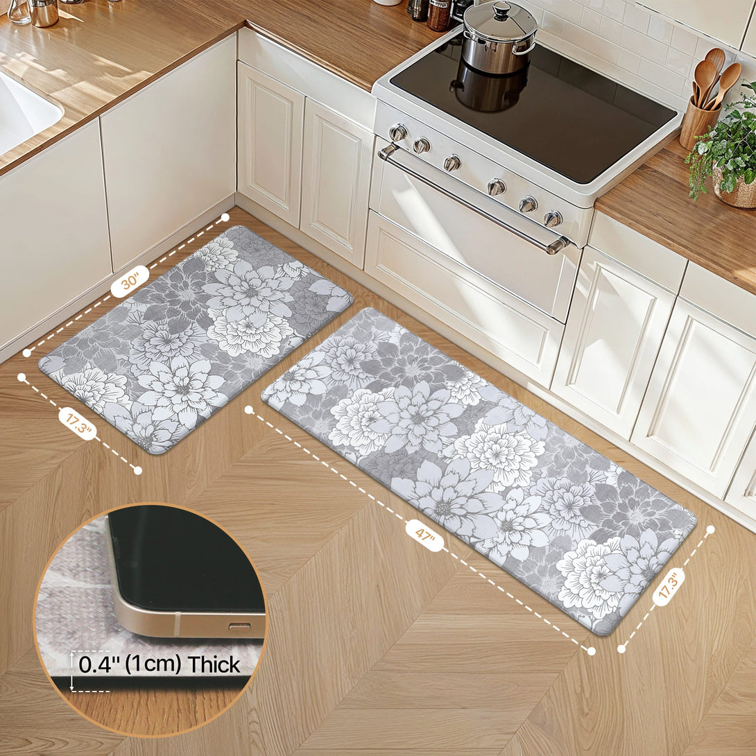 GENIMO 2Pcs Anti Fatigue Padded Kitchen Sink Mat Non Slip Washable Floral Runner Rug - KR011 - Grey - 17X47 - 17X30