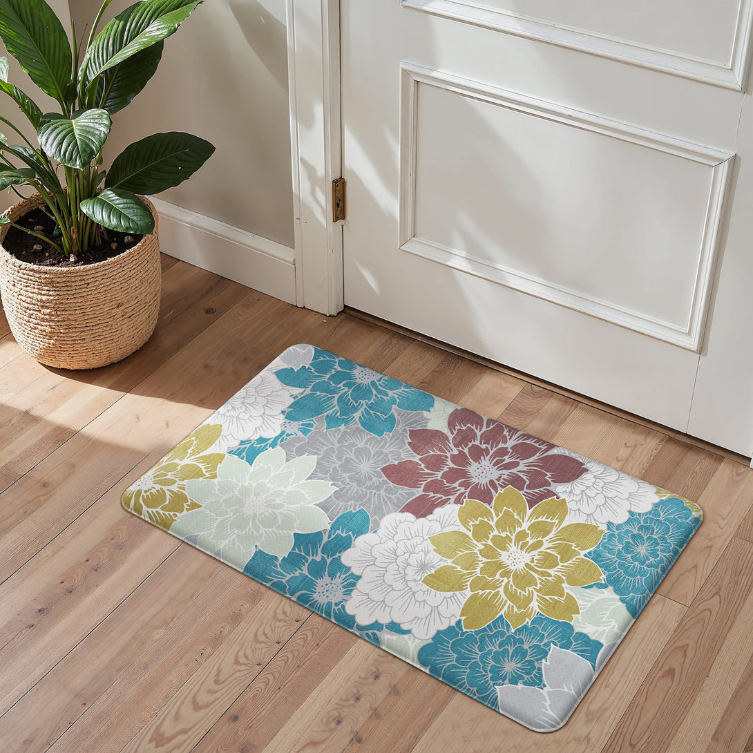 GENIMO 2Pcs Anti Fatigue Padded Kitchen Sink Mat Non Slip Washable Floral Runner Rug - KR011 - Blue - 23X71