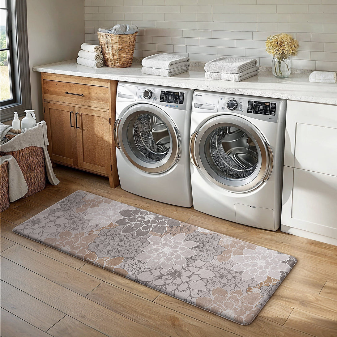 GENIMO 2Pcs Anti Fatigue Padded Kitchen Sink Mat Non Slip Washable Floral Runner Rug - KR011 - GreyBrown - 17X47 - 17X30