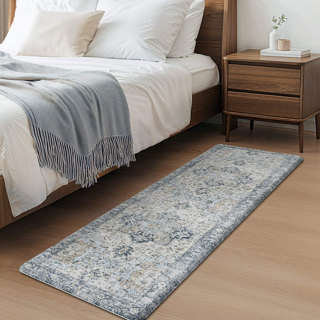 GENIMO 2Pcs Anti Fatigue Padded Kitchen Sink Mat Vintage Washable Runner Rug - KR1002 - Blue - 17X30IN