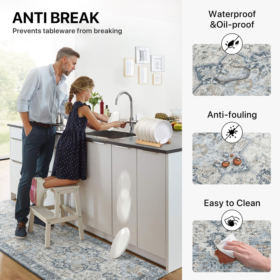 GENIMO 2Pcs Anti Fatigue Padded Kitchen Sink Mat Vintage Washable Runner Rug - KR1002 - Blue - 17X30IN