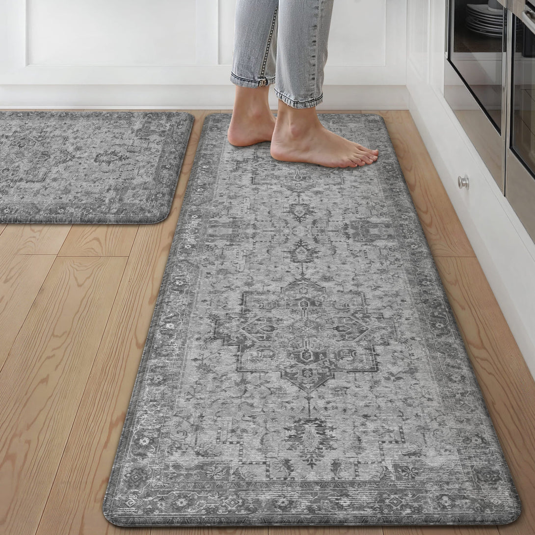 GENIMO 2Pcs Anti Fatigue Padded Kitchen Sink Mat Vintage Washable Runner Rug - KR1002 - GREY - 17x59 - 17x30