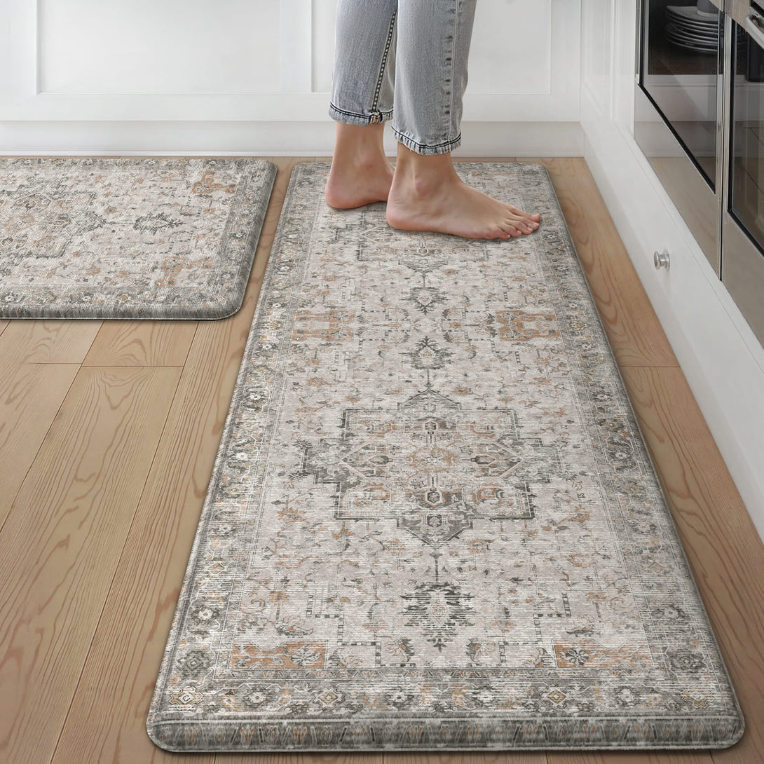 GENIMO 2Pcs Anti Fatigue Padded Kitchen Sink Mat Vintage Washable Runner Rug - KR1002 - LightTaupeBrown - 20x48 - 20x32