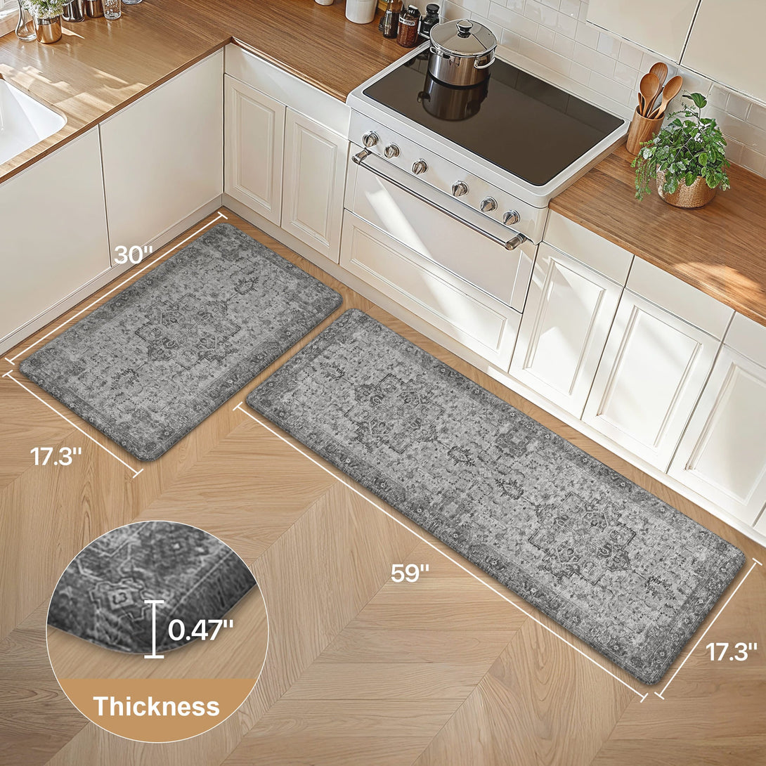 GENIMO 2Pcs Anti Fatigue Padded Kitchen Sink Mat Vintage Washable Runner Rug - KR1002 - GREY - 17x59 - 17x30