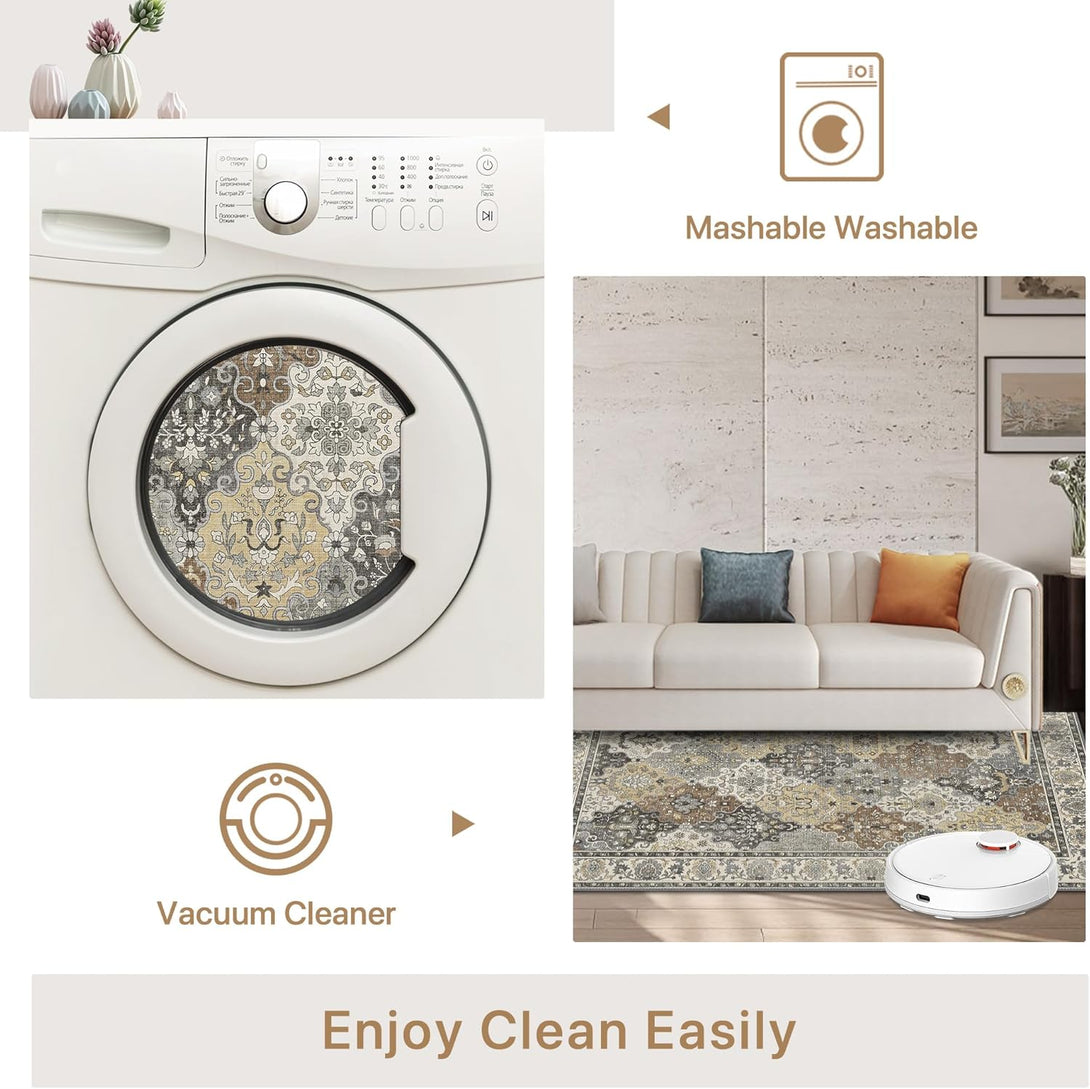 GENIMO Lightweight Vintage Diamond Floral Print Machine Washable Area Rug - LF9875 - BGB - 3x5