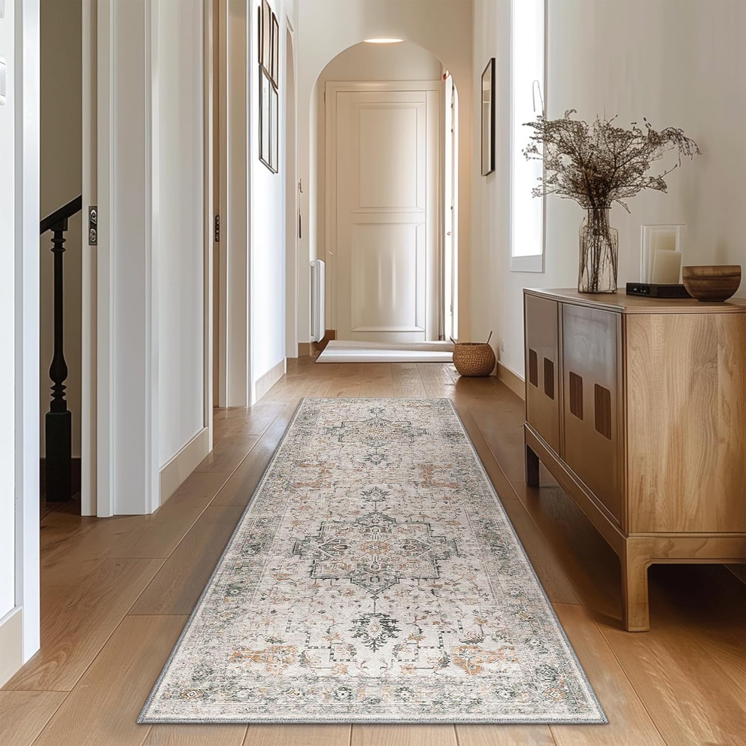 Daria Washable Vintage Persian Tribal Light Taupe Runner Rug | GENIMO