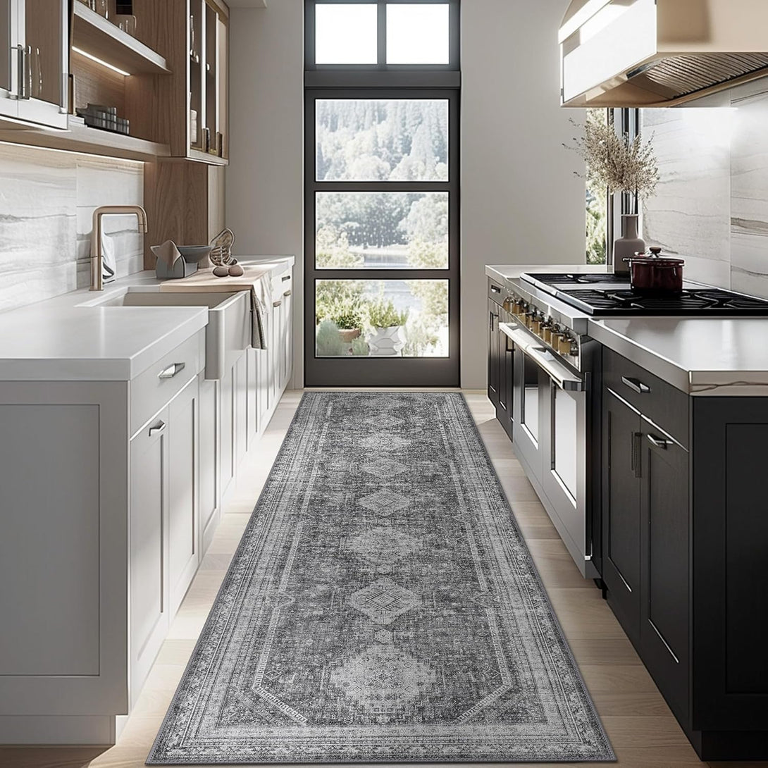 GENIMO Machine Washable Runner Rug Non Slip Carpet with Gripper - AR1007 - Gray - 2x3