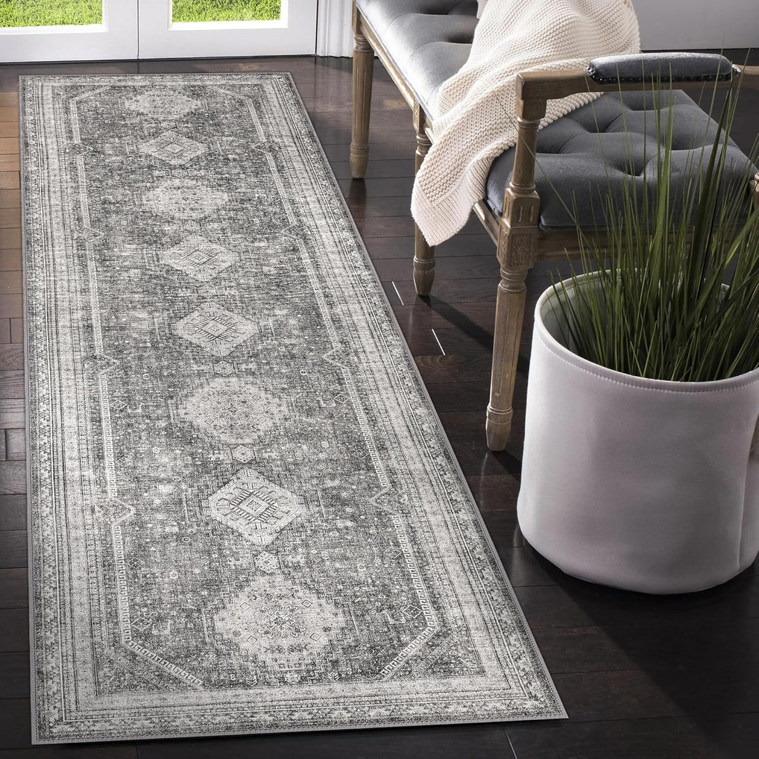 GENIMO Machine Washable Runner Rug Non Slip Carpet with Gripper - AR1007 - Gray - 2x3