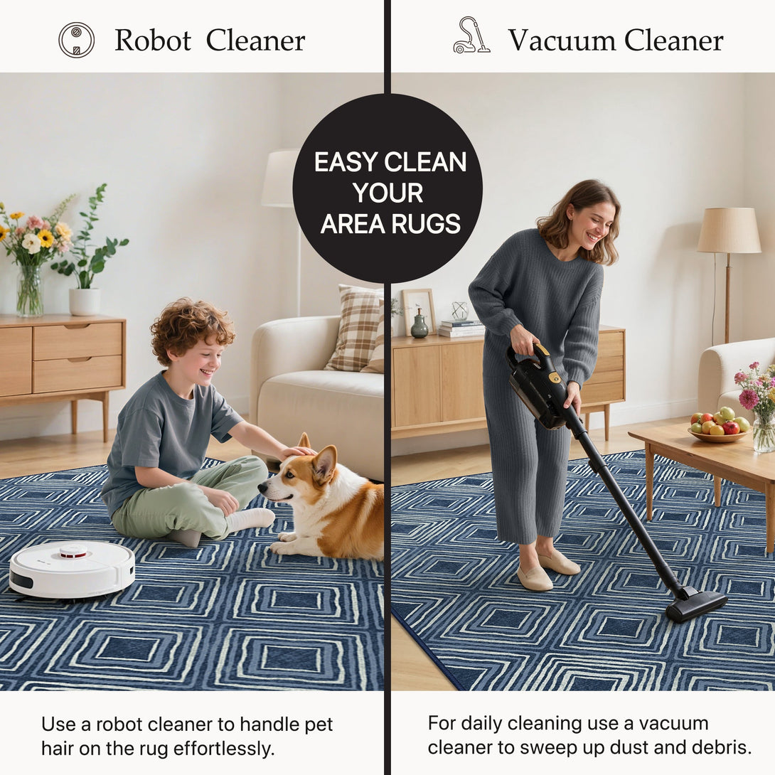 GENIMO Modern Geometric Checkered Machine Washable Non Slip Area Rug - TZ3007 - BLUE - 2X6FT