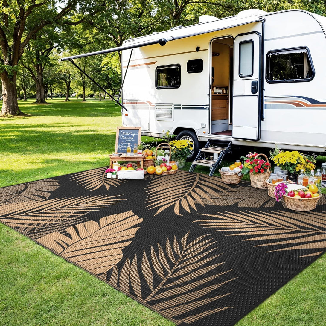 GENIMO Outdoor Rug Waterproof for Patios Clearance Black - CPD17 - black&brown - 9x12