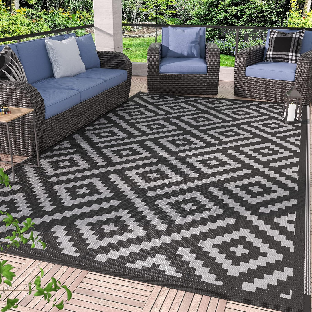 GENIMO Rhombic Printed Double Sided Waterproof Outdoor Rug Black - PPDD03 - blackgray - 3x5