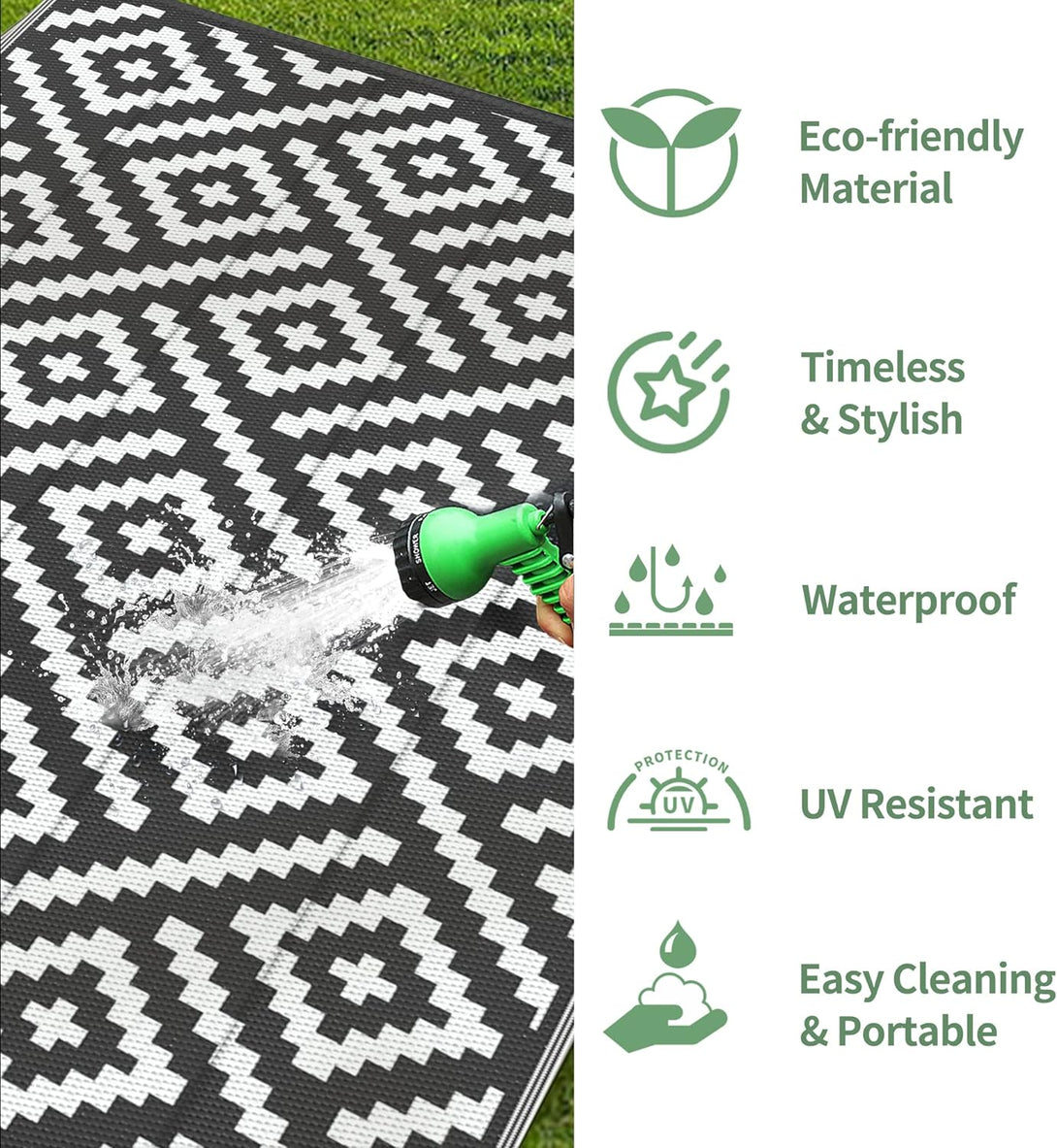 GENIMO Rhombic Printed Double Sided Waterproof Outdoor Rug Black - PPDD03 - blackwhite - 3x5