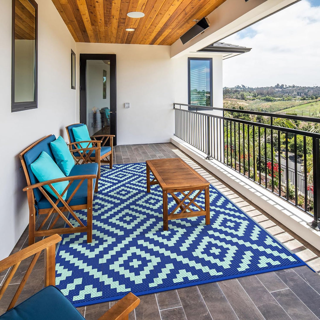 GENIMO Rhombic Printed Double Sided Waterproof Outdoor Rug Blue - 