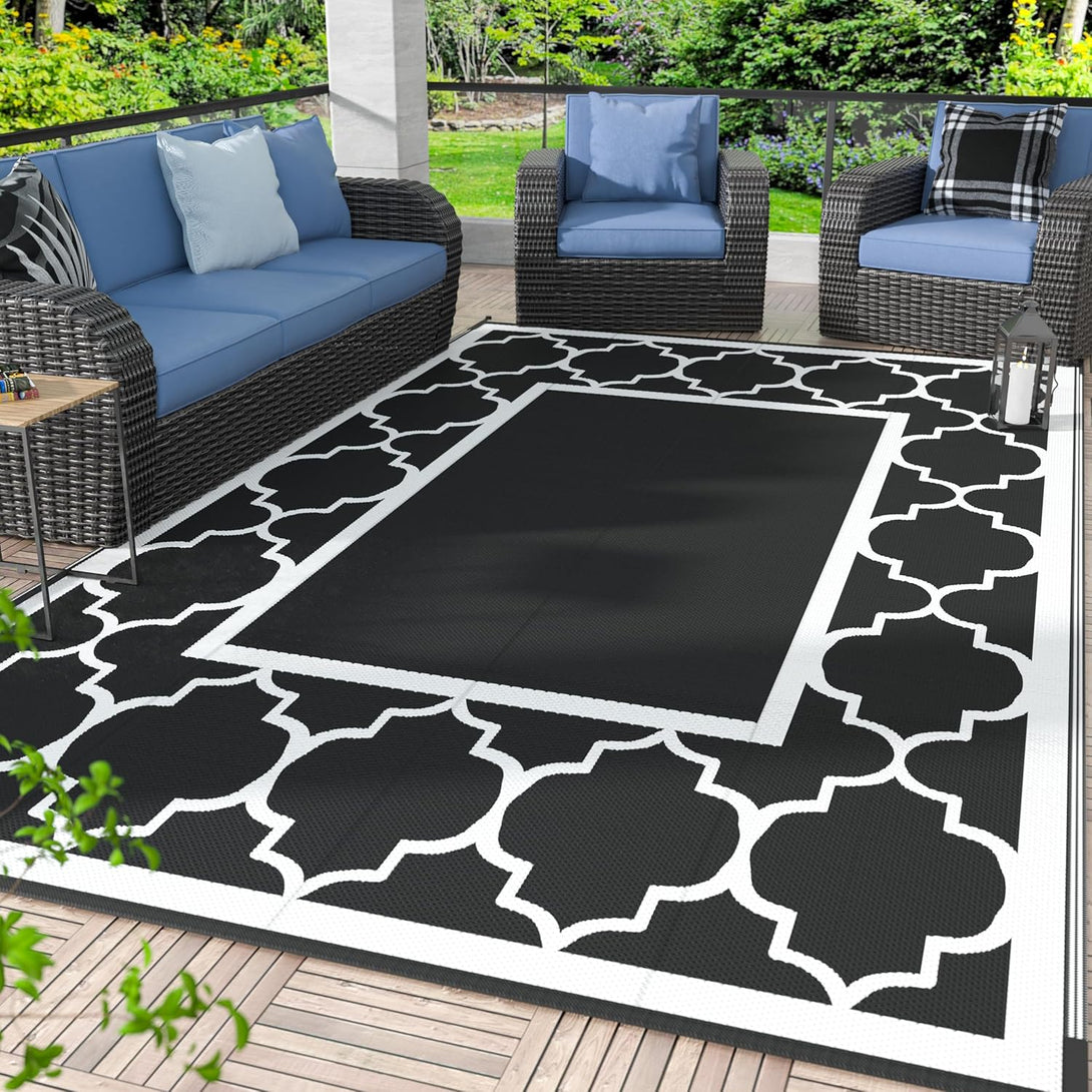 GENIMO Symmetrical Geometric Aesthetic Waterproof Reversible Outdoor Rug Black - 