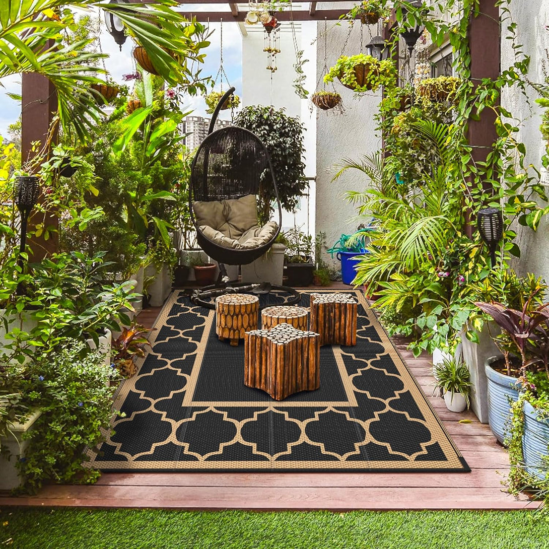 GENIMO Symmetrical Geometric Aesthetic Waterproof Reversible Outdoor Rug Black - 