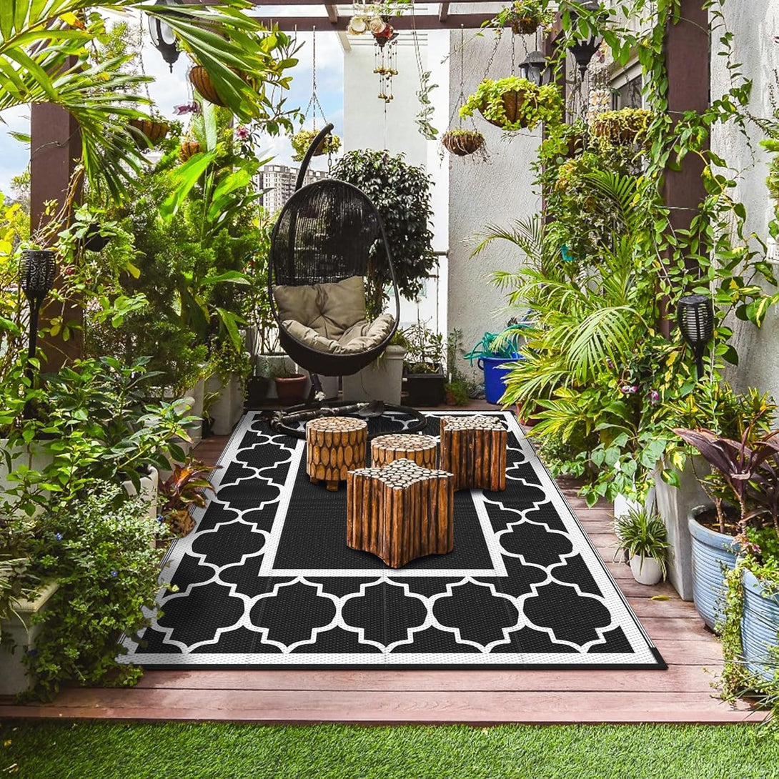 GENIMO Symmetrical Geometric Aesthetic Waterproof Reversible Outdoor Rug Black - 