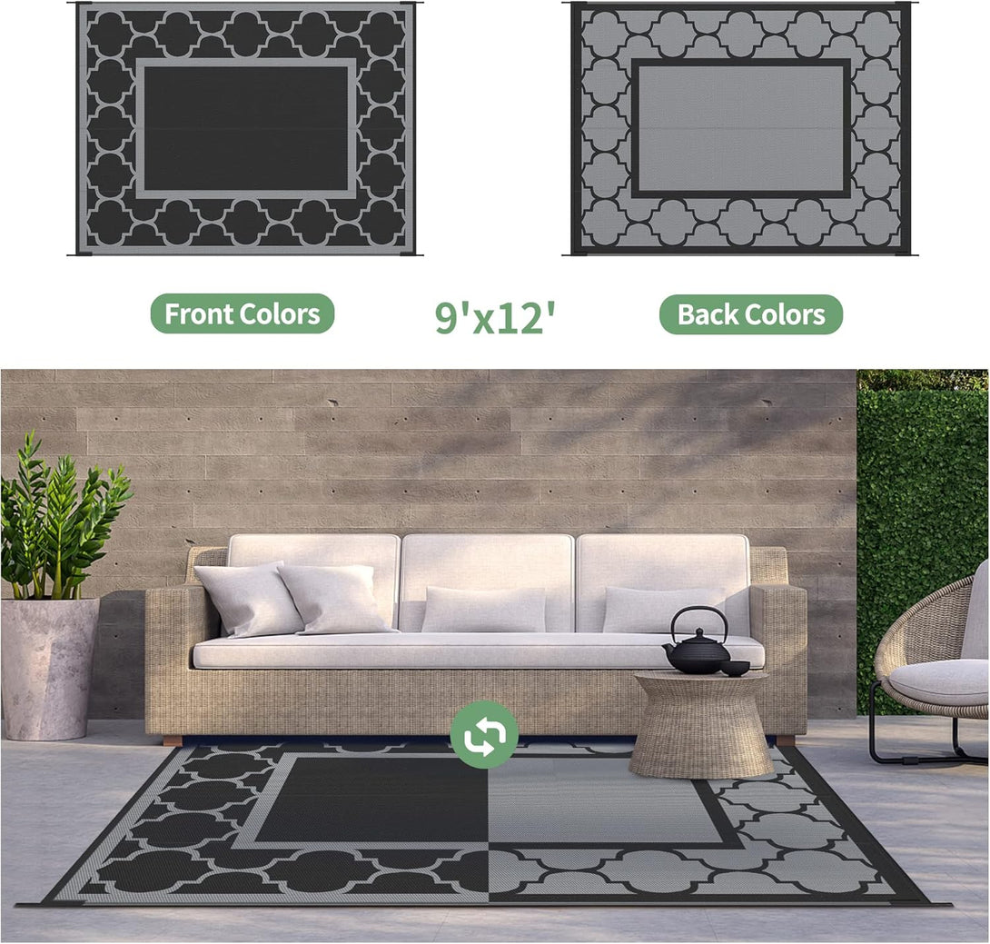 GENIMO Symmetrical Geometric Aesthetic Waterproof Reversible Outdoor Rug Black - 