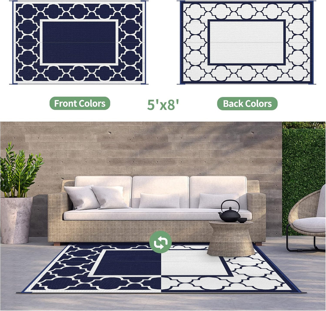 GENIMO Symmetrical Geometric Aesthetic Waterproof Reversible Outdoor Rug Blue - PPDD05 - blue&white - 3x5