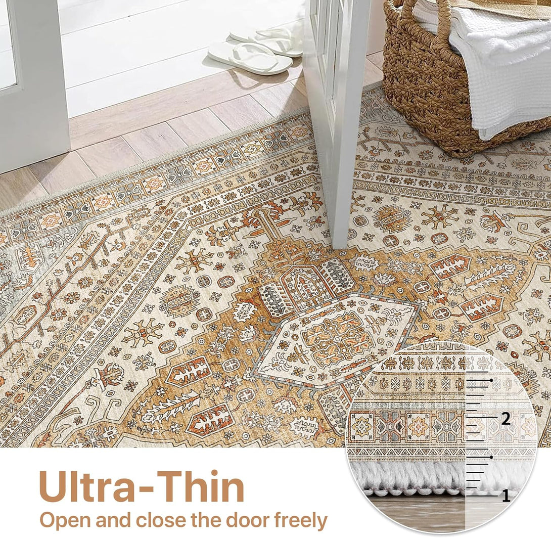 GENIMO Vintage Symmetrical Stamp Print Machine Washable Non - Slip Area Rug - LF9880 - TAN - 3x5