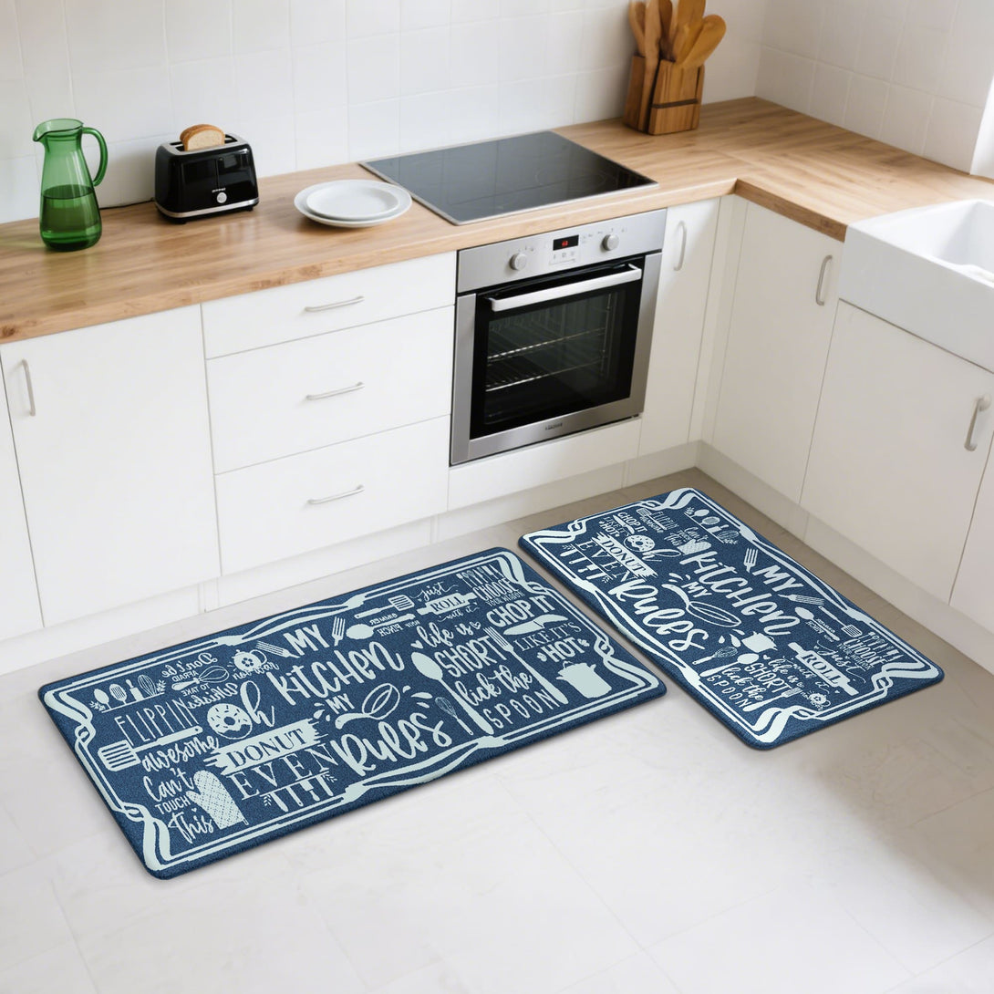GENINO 2PCS Cushioned Anti Fatigue Kitchen Mats for Floor Non Slip Washable Runner Rugs - KR007 - Blue - 17X47 - 17X30