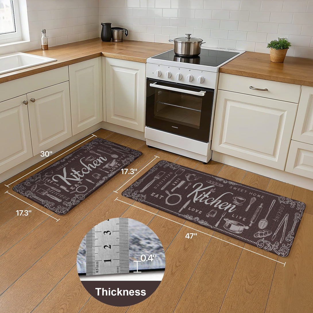 GENINO 2PCS Cushioned Anti Fatigue Runner Rugs Non Slip Washable Kitchen Mats for Floor - KR008 - Brown - 17X47 - 17X30