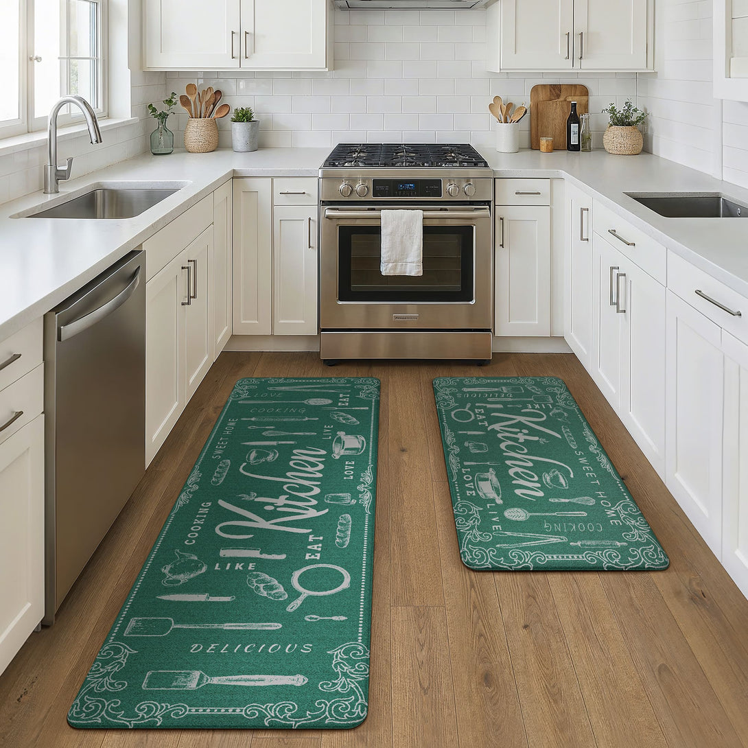 GENINO 2PCS Cushioned Anti Fatigue Runner Rugs Non Slip Washable Kitchen Mats for Floor - KR008 - Green - 17X47 - 17X30