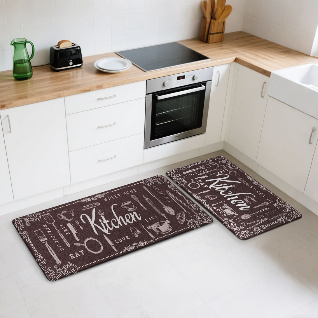GENINO 2PCS Cushioned Anti Fatigue Runner Rugs Non Slip Washable Kitchen Mats for Floor - KR008 - Brown - 17X47 - 17X30