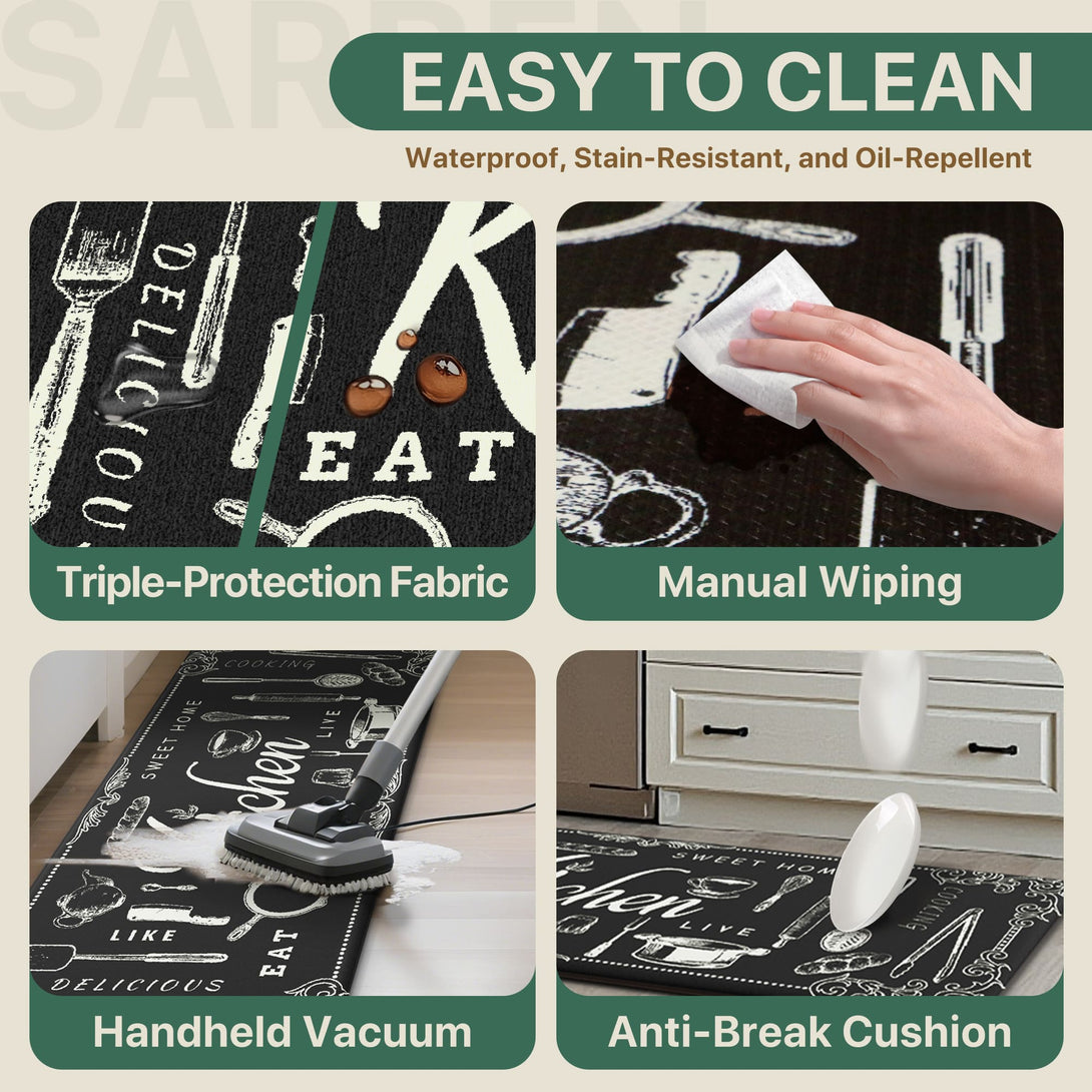 GENINO 2PCS Cushioned Anti Fatigue Runner Rugs Non Slip Washable Kitchen Mats for Floor - KR008 - Black - 17X47 - 17X30