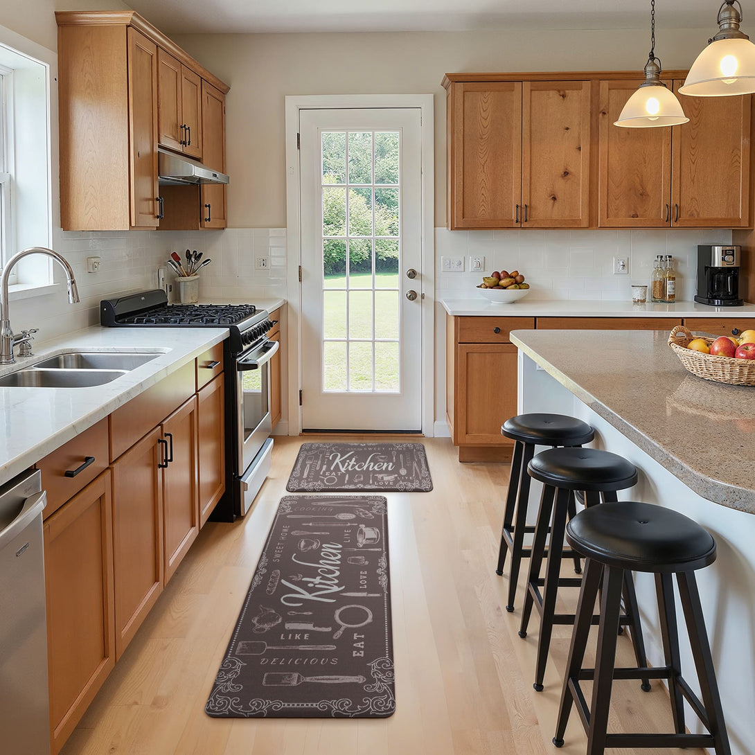 GENINO 2PCS Cushioned Anti Fatigue Runner Rugs Non Slip Washable Kitchen Mats for Floor - KR008 - Brown - 17X47 - 17X30