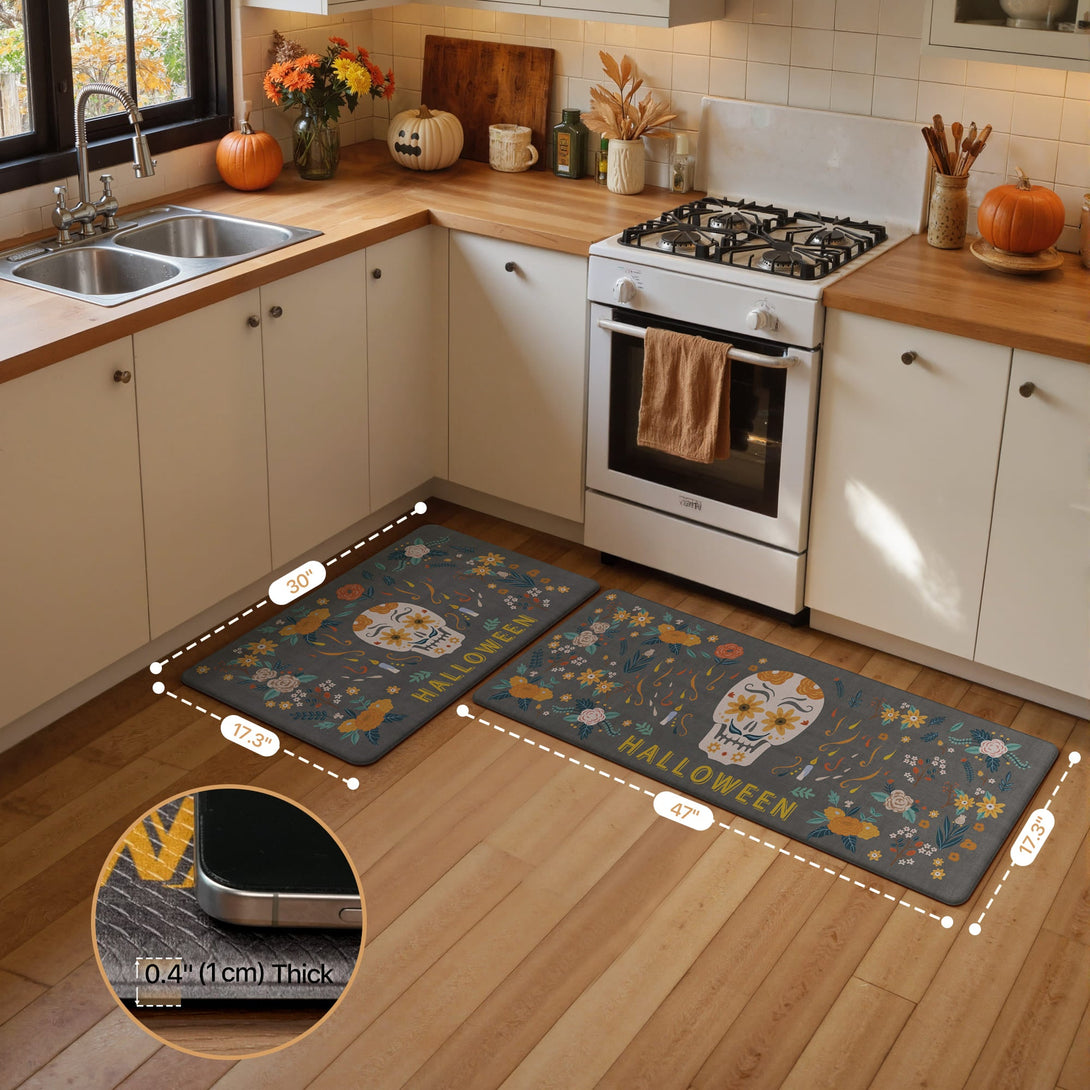 GENINO Cushioned Anti Fatigue Kitchen Mats for Floor 2PCS Waterproof Runner Rugs for Halloween - KR013 - Grey - 17X47 - 17X30