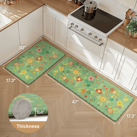 GENIMO 2Pcs Anti Fatigue Padded Kitchen Mats for Floor Floral Printed Washable Runner Rugs